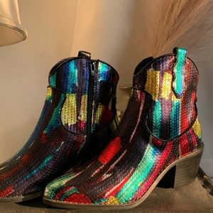 Betsey Johnson rainbow sequin cowgirl booties